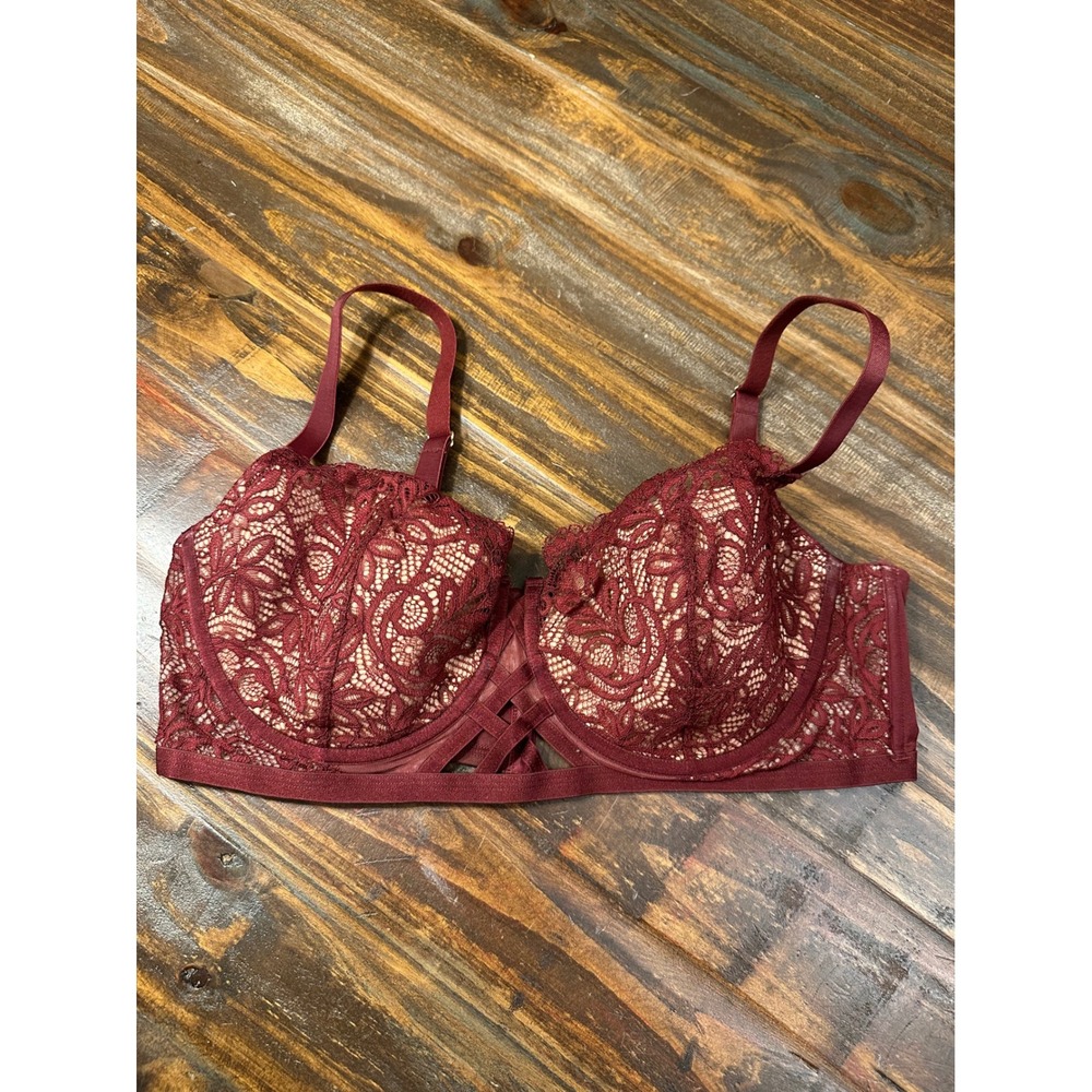 Adore Me 40DD Burgundy‎ Lace Strappy Balconette Bra Plunge Front